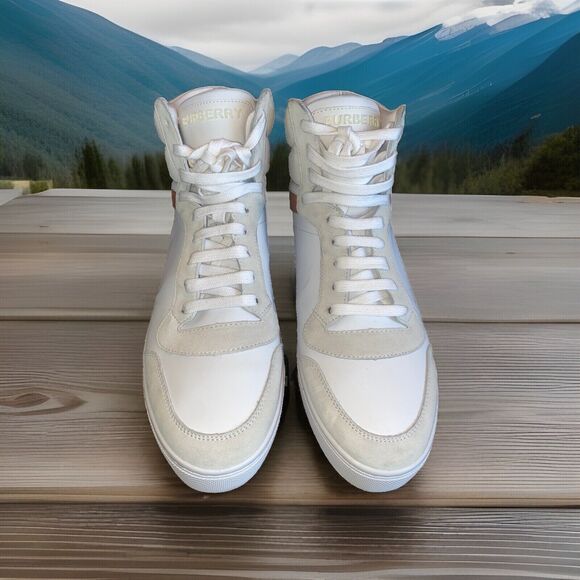 Burberry - Men's Reeth Leather House Check High-Top Sneakers White Size 12